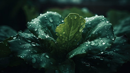 Cabbage leaves with dew drops after rain, selective focus.の素材