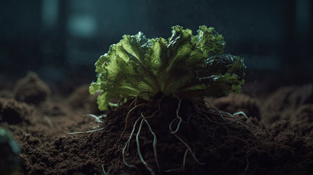 Close-up of green lettuce growing in the soil at night.の素材