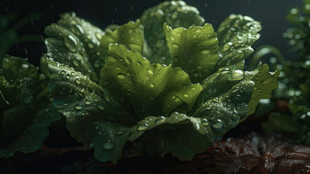 Close up of fresh green lettuce with water drops on dark background.の素材