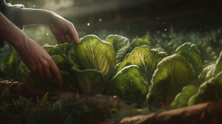 Close-up of female hands picking fresh green lettuce in the fieldの素材