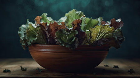 Close up of fresh green lettuce in a clay bowl on wooden tableの素材