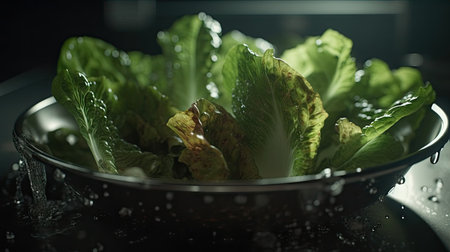 Lettuce in a bowl with water drops on a dark backgroundの素材