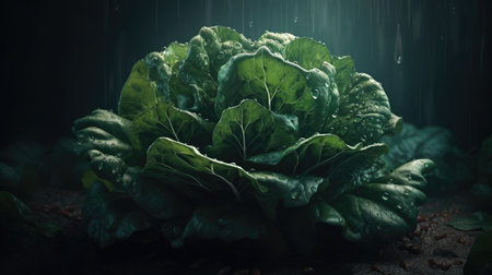 Vegetable garden at night, green leaves of cabbage in darkの素材