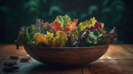 Lettuce in a bowl on a wooden table against the background of green foliageの素材
