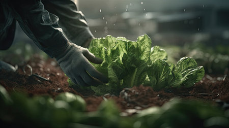 Close up of a young farmer's hands planting lettuce in the fieldの素材