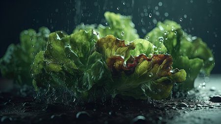 Fresh green lettuce with water drops on black background. Healthy food concept.の素材
