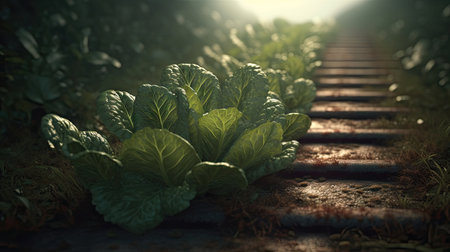 Cabbage growing on a wooden bridge in the morning light. Agriculture conceptの素材