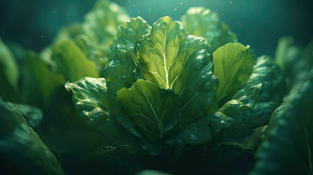Close-up of fresh green lettuce growing in a vegetable garden.の素材