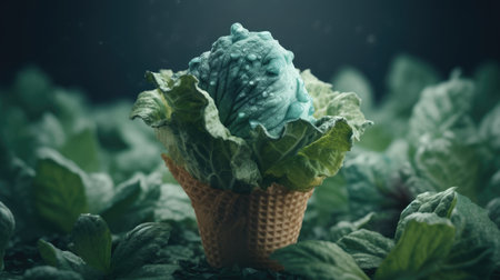 Ice cream in waffle cone with fresh green lettuce leaves on dark backgroundの素材