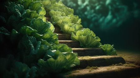 Ladder of green lettuce growing in the field. 3D renderingの素材