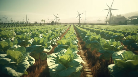 Rows of lettuce in a field with wind turbines in the backgroundの素材