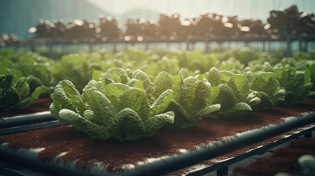 Organic hydroponic vegetable growing in a greenhouse, selective focusの素材