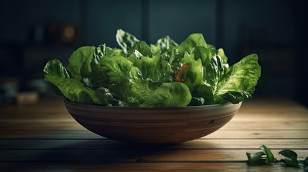 Fresh green salad in a bowl on wooden table in the kitchen.の素材