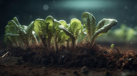 Young green lettuce seedling growing in soil. Concept of new lifeの素材