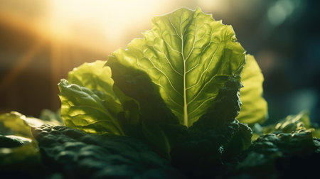 Fresh green lettuce leaves in the garden at sunset. Selective focus.の素材