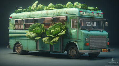 Illustration of a green bus full of lettuce in front of a dark backgroundの素材
