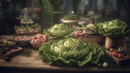 Vegetables on a wooden table in a greenhouse, vintage styleの素材