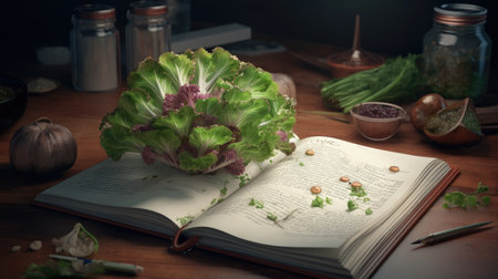 Vegetables in the kitchen with the recipe book on the tableの素材