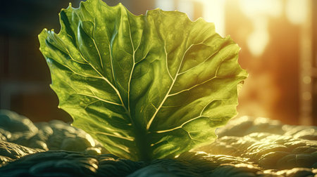 Close up of green cabbage leaf in sunlight. Concept of healthy eating.の素材