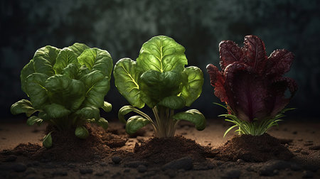Green salad growing in soil on dark background, 3d render illustrationの素材