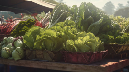 Lettuce in baskets on the counter of a farmers market.の素材