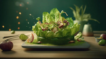 Salad with lettuce, apple and croutons on wooden tableの素材