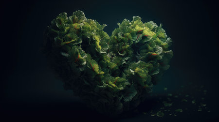 3d rendering of a heart made of green leaves on a dark backgroundの素材