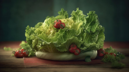 Fresh lettuce and cherry tomatoes on wooden table. Selective focus. Toned.の素材