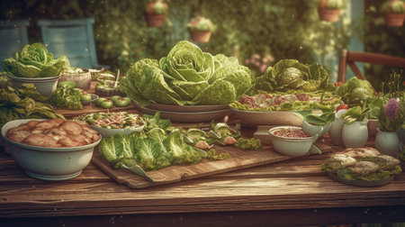 vegetables on a wooden table in the garden, vintage styleの素材