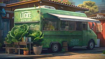 Vintage green food truck on the street in the city. Toned.の素材