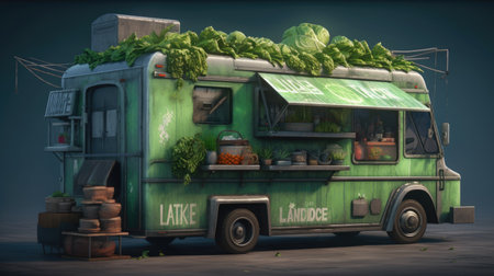 Food truck with vegetables on a dark background. 3D rendering.の素材