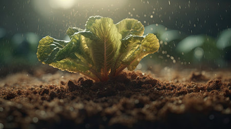 Closeup of young lettuce seedling growing in soil with raindropsの素材