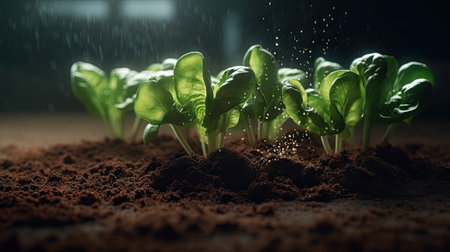 Small green seedlings growing in soil on dark background. Gardening conceptの素材