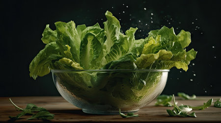 Fresh green salad in glass bowl with splashes of water on black backgroundの素材