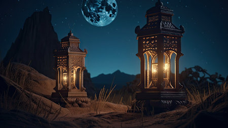 Lantern in the middle of the desert at night with a full moon in the background, 3d realisticの素材