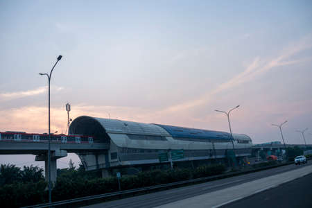 Light Rapid Transit  (LRT) station situation with toll road, during pandemic and local lockdown in Indonesiaのeditorial素材
