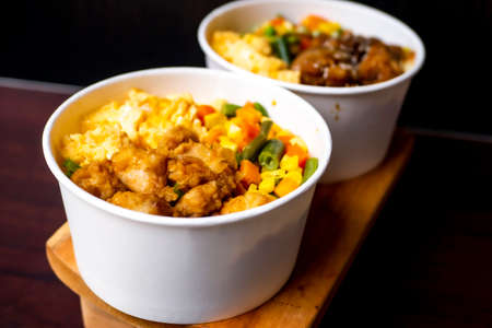 Indonesia style rice bowl, contain chicken katsu, egg, and vegetablesの写真素材