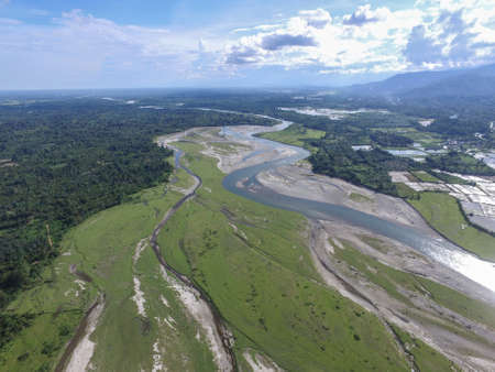 Aerial view of Rongkong riverscape during dry season in Luwu Utara, Indonesiaの写真素材