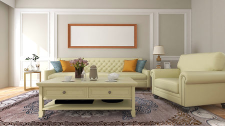 Modern scandinavian living room with empty frame mock-up. 3D rendering