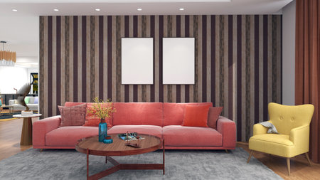 Elegant and modern Interior with empty frames mock-up. 3D rendering
