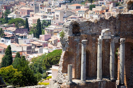View of the tourist destination of Taormina, Sicily from the famous Greek Theater.の写真素材