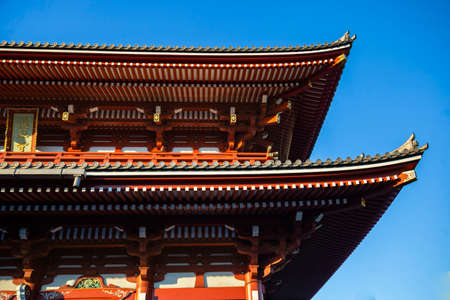 Detail of the roof of Asakusa Temple in Tokyo, Japan during dusk on a fall day.のeditorial素材