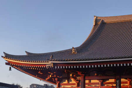 Detail of the roof of Asakusa Temple in Tokyo, Japan during dusk on a fall day.のeditorial素材