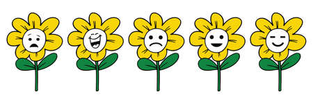 Set of high quality sunflower cartoon emoticons and emoji vector, worried face, smiling face with mouth open, sad face, cute smile emoji, smiling faceのイラスト素材