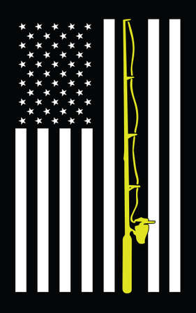 American fishing flag. Black and white USA flag and yellow fishing rod vector. Design element for poster, t-shirt print, card, advertisingのイラスト素材