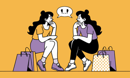 Two girl sitting with some shopping bags and gossiping. A clean and modern flat design illustration.のイラスト素材