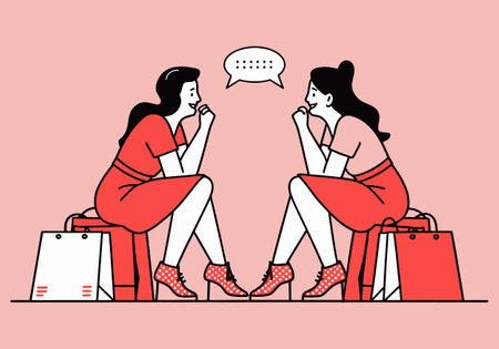 Two girls sitting with some shopping bags and gossiping. A clean and modern flat design illustration.のイラスト素材