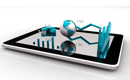 Modern financial instruments (graphs, charts and Earth globe) on a tablet screen. 3d rendering.の写真素材