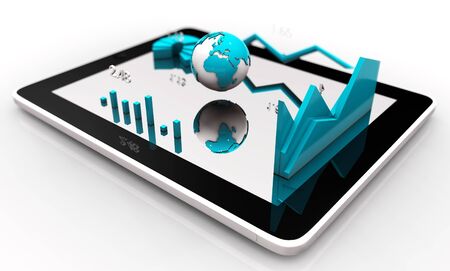 Modern financial instruments (graphs, charts and Earth globe) on a tablet screen. 3d rendering.の写真素材