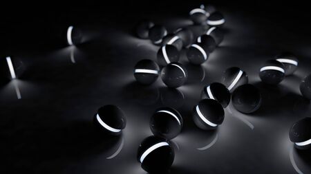 Realistic black glossy plastic spheres with white luminescent cores background. Technology abstract structure composition. Depth of field settings. 3d rendering.の写真素材